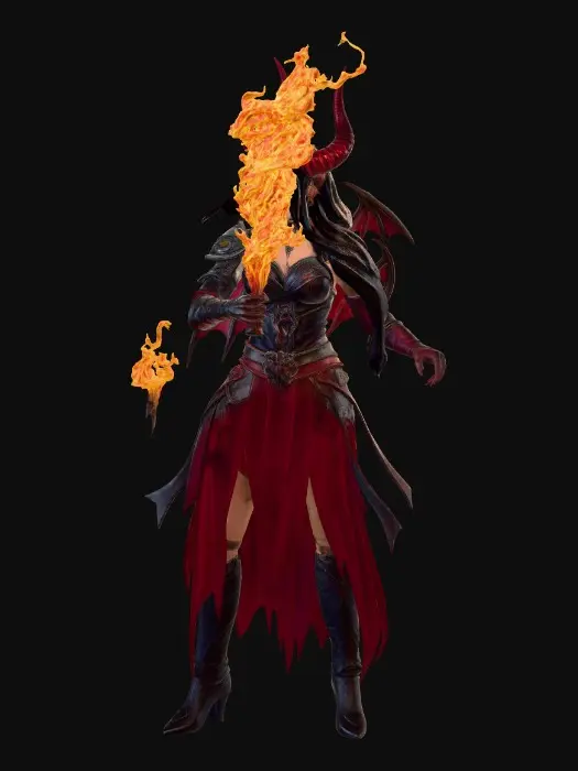 3D model for dark fantasy female demon warrior-sorceress, standing in an epic pose, long black flowing hair, elegant crimson horns, glowing red eyes, wearing detailed molten black and red armor with fiery runes, flames flowing through armor veins, one hand holding a blazing fire whip made of molten energy, the other channeling infernal magic, long tattered skirt with metal ornaments, armored boots on cracked volcanic ground glowing with lava, surrounded by embers and heat distortion, cinematic lighting, extremely detailed, high resolution texture, epic stance