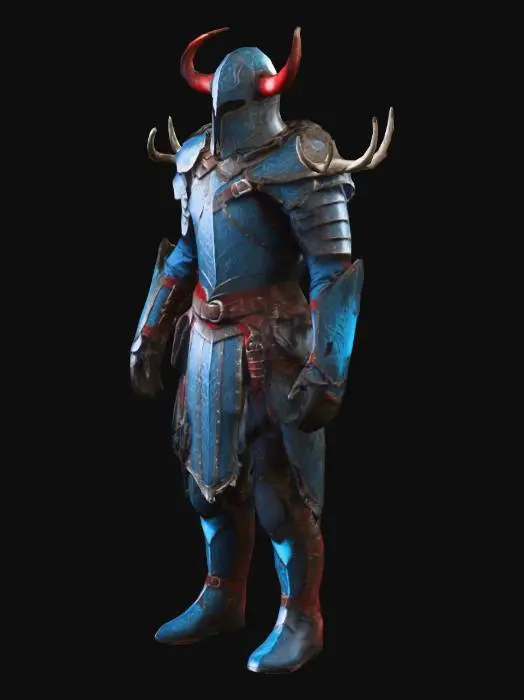 3D model for Design a legendary armor set called "Armor of the Lone Wanderer." The set includes: a Nordic cuirass with antlers on the shoulders, blending engraved Nordic and Forsworn designs; glowing red gauntlets with rune engravings, merging Imperial officer and Nordic styles; engraved Nordic boots mixed with volcanic glass, stealth-enhanced; and a horned helm with icy blue runes, one horn broken. The set exudes an ancient, mystical aura of power and resilience
