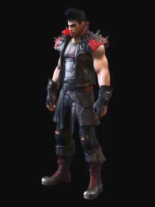 3D model for A young, wiry rebel, known as 'Dreck,' with short black hair and a lean, tough physique. He wears a sleeveless leather jacket studded with metal spikes, patched together from scavenged materials. His clothes, a mix of black, silver, and red, show signs of constant wear. Living in the sewers, he’s loyal to his leader, Don, but regarded as expendable. A hardened fighter, more of a thug than a hero, with a permanent scowl and the demeanor of someone who’s seen too much in the apocalypse