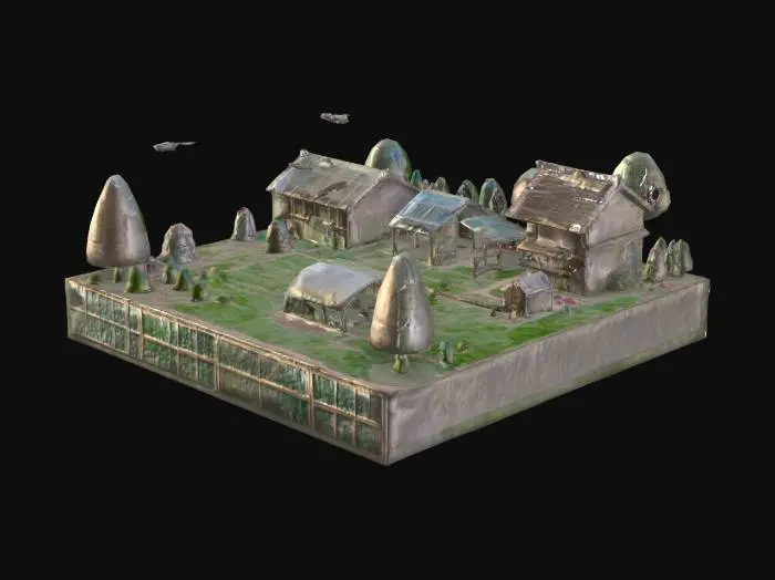 3D model for a small farm in a rectangular box with one half fill with farmland and other with local nepali houses,make a ai based farming system with drones and green house tunnels

