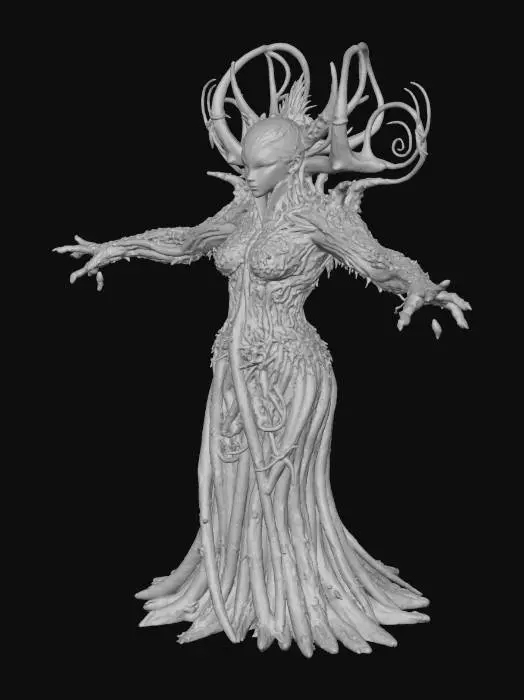 3D model for Un modèle 3D très réaliste et détaillé d’un Ent, créature humanoïde faite de bois vivant. L’Ent est grand et ancien, son corps étant formé de bois tordu, d’écorce et de racines constituant ses membres et son visage. De la mousse, des lianes et de petites feuilles poussent sur son corps, lui donnant un aspect de vieil arbre de forêt. Ses yeux brillent légèrement de vert ou d’ambre, empreints de sagesse et de puissance. Ses bras ressemblent à de grandes branches, et ses jambes à des troncs épais se terminant par des racines. Textures détaillées pour le bois, l’écorce, la mousse et le feuillage, avec une palette de couleurs naturelles et terreuses. La créature paraît vivante, majestueuse et légèrement intimidante, debout dans une pose en T