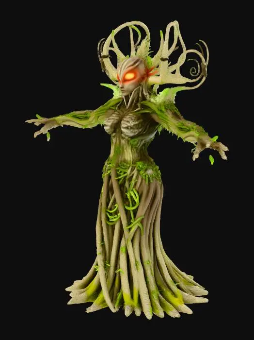 3D model for Un modèle 3D très réaliste et détaillé d’un Ent, créature humanoïde faite de bois vivant. L’Ent est grand et ancien, son corps étant formé de bois tordu, d’écorce et de racines constituant ses membres et son visage. De la mousse, des lianes et de petites feuilles poussent sur son corps, lui donnant un aspect de vieil arbre de forêt. Ses yeux brillent légèrement de vert ou d’ambre, empreints de sagesse et de puissance. Ses bras ressemblent à de grandes branches, et ses jambes à des troncs épais se terminant par des racines. Textures détaillées pour le bois, l’écorce, la mousse et le feuillage, avec une palette de couleurs naturelles et terreuses. La créature paraît vivante, majestueuse et légèrement intimidante, debout dans une pose en T