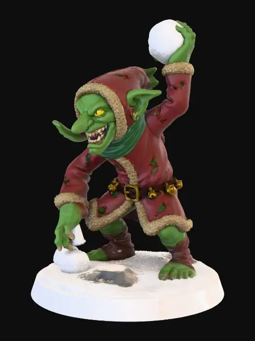 3D model for Gobelin de Noël inspiré de l’univers Donjons & Dragons, en pleine action en train de lancer une boule de neige, posé sur un socle circulaire détaillé de type figurine (texture neige/roche, bords nets). Petite créature nerveuse à la peau verte, longues oreilles pointues, yeux malicieux, sourire agressif. Il dispose a ses pieds d'un tas de boule de neige empilé. Position dynamique : corps penché en avant, bras levé prêt à lancer une boule de neige. Vêtements de Noël usés : capuche de noel bordée de fourrure manteau rouge et vert rapiécé, écharpe en lambeaux, petites clochettes, ceinture de cuir abîmée. Style : fantasy détaillée, expressif, textures haute qualité, proportions réalistes, mouvement bien défini. Modèle 3D complet avec topologie propre, géométrie optimisée et socle intégré.