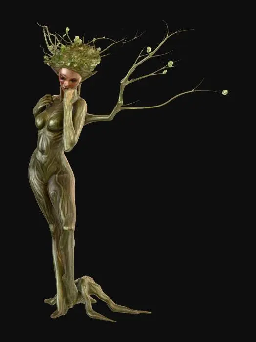 3D model for Slender humanoid dryad, feminine body made of living wood and vegetal fibers. Character standing upright with an elegant, balanced posture. Right leg placed forward, legs crossed with both feet aligned on the same line to create a graceful silhouette. Right hand raised high in the air, arm extended with a natural slight curve. Left hand positioned a few centimeters in front of the face, palm facing inward as if sensing magical energy. Head slightly tilted toward the left hand.

Sculptural design with sharp, high-contrast colors to clearly define edges, volumes, and planes. Distinct materials: textured wood, cracked bark, vegetal veins, subtle foliage integrated into the body. Semi-realistic figurine-oriented style, harmonious proportions, clear and readable silhouette.