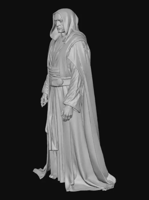 3D model for "Full-body 3D render of Jedi Master Yolda, an original Star Wars-inspired character. Yolda is an ancient, wise Jedi Master with greenish skin, calm facial expression, and deep, intelligent eyes. He wears classic but slightly battle-worn Jedi robes with a hood and belt, holding a glowing green lightsaber in his right hand. The pose is balanced and heroic — feet shoulder-width apart, one hand holding the lightsaber forward in a defensive stance, the other slightly open in a gesture of calm control. The design should highlight realistic anatomy, fabric folds, and detailed textures suitable for 3D printing. Lighting is cinematic and directional, emphasizing form and shadow without background clutter. Rendered in a realistic 3D style, centered composition, neutral gray background."