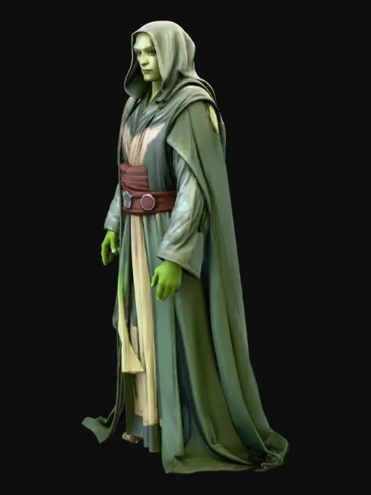 3D model for "Full-body 3D render of Jedi Master Yolda, an original Star Wars-inspired character. Yolda is an ancient, wise Jedi Master with greenish skin, calm facial expression, and deep, intelligent eyes. He wears classic but slightly battle-worn Jedi robes with a hood and belt, holding a glowing green lightsaber in his right hand. The pose is balanced and heroic — feet shoulder-width apart, one hand holding the lightsaber forward in a defensive stance, the other slightly open in a gesture of calm control. The design should highlight realistic anatomy, fabric folds, and detailed textures suitable for 3D printing. Lighting is cinematic and directional, emphasizing form and shadow without background clutter. Rendered in a realistic 3D style, centered composition, neutral gray background."