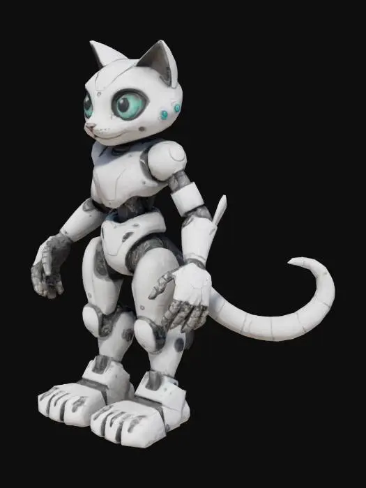 3D model for a robotic assistant, male feline, large eyes, big paws, bipedal, unique