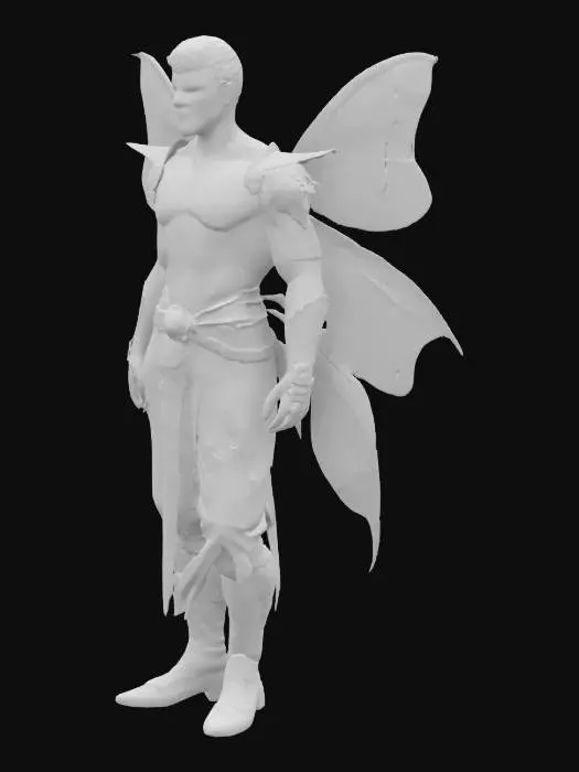 3D model for a buff and majestic male fae, large dragonfly wings, short hair with a beard, 