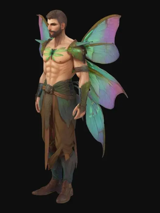 3D model for a buff and majestic male fae, large dragonfly wings, short hair with a beard, 