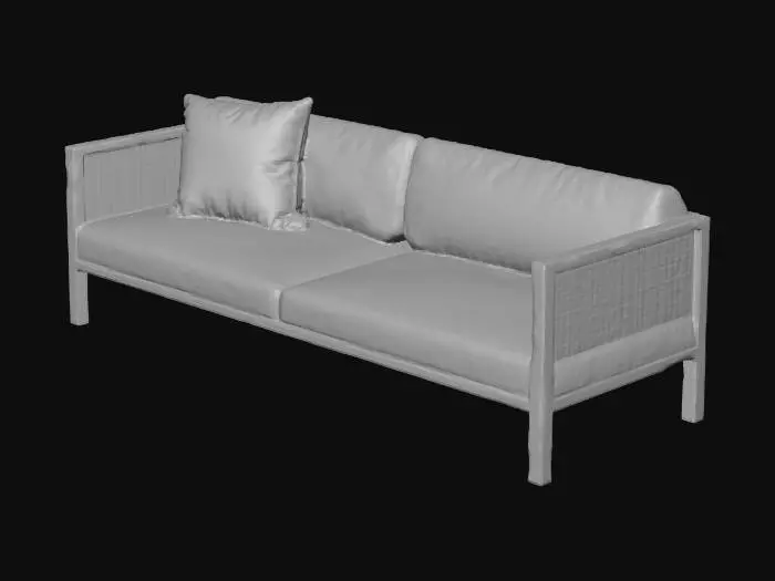 3D model for A contemporary outdoor-style sofa featuring a minimalist silhouette with an airy, lightweight frame. The structure combines black metal legs and side supports, slightly tapered for elegance, with woven or mesh-like detailing on the sides. It’s upholstered in soft beige fabric, offering a relaxed, natural tone. The seat and back cushions are slim yet inviting, and a single pale green accent pillow adds a subtle touch of color. The overall design blends modern refinement with outdoor durability, ideal for patios or modern terraces.