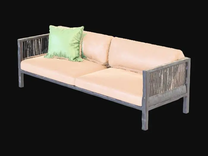 3D model for A contemporary outdoor-style sofa featuring a minimalist silhouette with an airy, lightweight frame. The structure combines black metal legs and side supports, slightly tapered for elegance, with woven or mesh-like detailing on the sides. It’s upholstered in soft beige fabric, offering a relaxed, natural tone. The seat and back cushions are slim yet inviting, and a single pale green accent pillow adds a subtle touch of color. The overall design blends modern refinement with outdoor durability, ideal for patios or modern terraces.