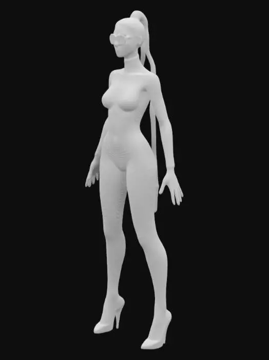 3D model for 主题：身穿未来感紫色的紧身衣性感丰满东方女性。
风格：高科技流线型设计，具有现代感和未来科技感。
材质：弹力高科技合成纤维，表面略带光泽，缝线精致，工艺精湛。
详情：高挑、长腿、大蜜桃臀、大胸部、黑色墨镜、麻花辫发型、高贵女式长靴，A字站势。