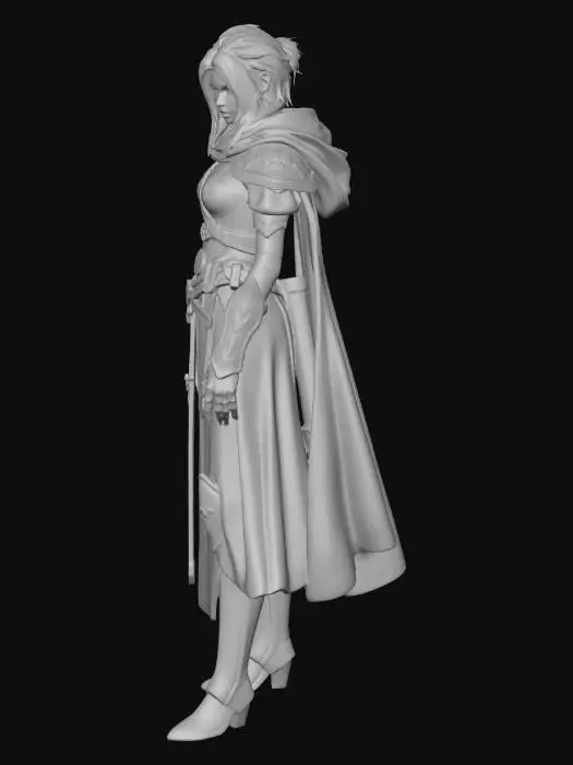 3D model for A tall, slender female Drow Warlock with unkempt white hair and piercing crimson eyes set in charcoal-grey skin. She wears worn, dark leather armor subtly etched with arcane symbols, hinting at a criminal past and dark magic specialization. Her posture is poised yet weary, conveying the cunning and toll of a powerful sorceress.