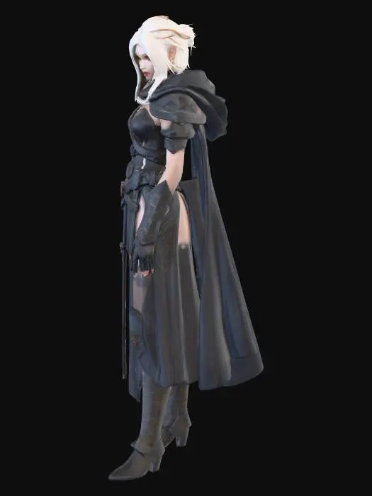 3D model for A tall, slender female Drow Warlock with unkempt white hair and piercing crimson eyes set in charcoal-grey skin. She wears worn, dark leather armor subtly etched with arcane symbols, hinting at a criminal past and dark magic specialization. Her posture is poised yet weary, conveying the cunning and toll of a powerful sorceress.