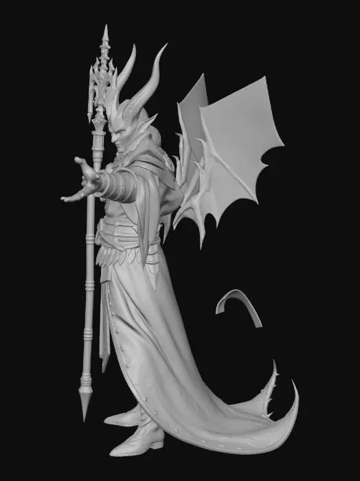 3D model for A large, red dragonborn wizard in red and black armor, holding a glowing staff and gesturing outwards, commanding the attention of the frightened people around him as papers fly through the air.