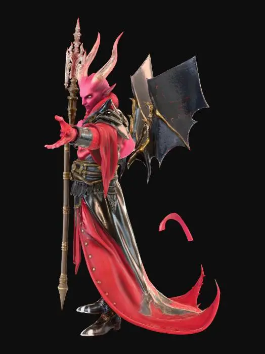 3D model for A large, red dragonborn wizard in red and black armor, holding a glowing staff and gesturing outwards, commanding the attention of the frightened people around him as papers fly through the air.