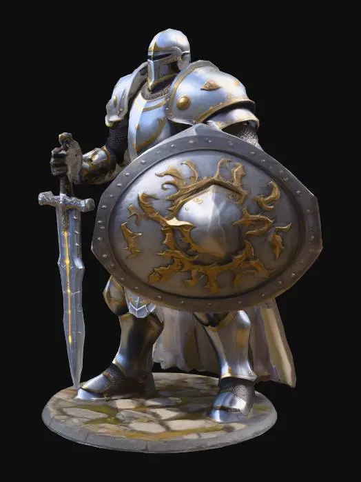 3D model for Stone Goliath Paladin led by the oath of vengeance, large build, presence demands silence and full attention. Full plate armor, broad sword in the right hand, and a large body shield in the left hand.