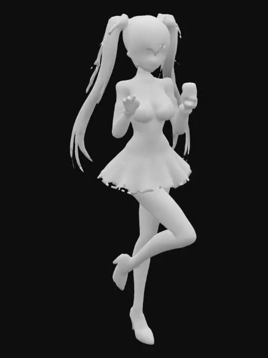 3D model for Anime girl, silver long hair, two ponytails on the sides of her head, standing on one leg, high black heels, dark stockings, short dark skirt, corset, one hand behind her back with a glass of wine,