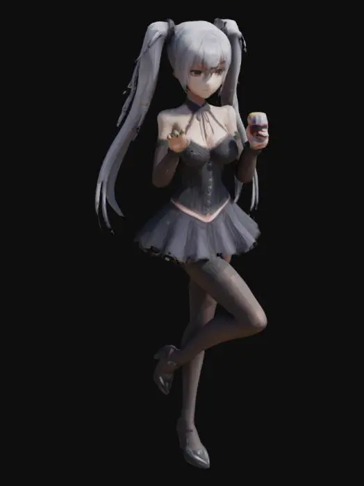 3D model for Anime girl, silver long hair, two ponytails on the sides of her head, standing on one leg, high black heels, dark stockings, short dark skirt, corset, one hand behind her back with a glass of wine,