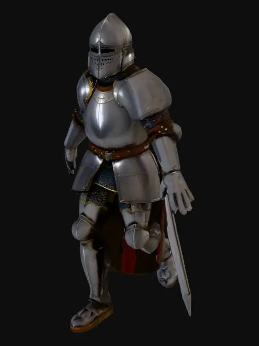 3D model for Medieval knight in full armor from head to toe. Make the helmet with the faceplate down so no face can be seen. Belt with potions in utility straps. No cape.