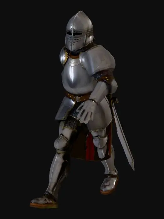 3D model for Medieval knight in full armor from head to toe. Make the helmet with the faceplate down so no face can be seen. Belt with potions in utility straps. No cape.