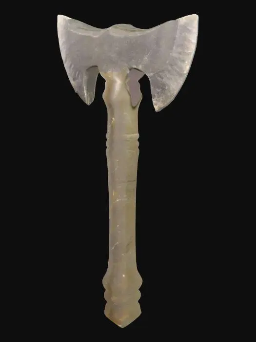 3D model for 石器時代の磨製石器の斧で、頑丈な灰色がかった玄武岩または硬砂岩から削り出されています。表面は滑らかに研磨されており、手触りはひんやりとしています。刃先は鋭利なV字型で、使用による微細な欠けが見られます。石の自然な色合いには、わずかな斑点や縞模様があり、全体的に鈍い光沢を放ちます。柄の取り付け部分には、粗い加工跡が残っています。