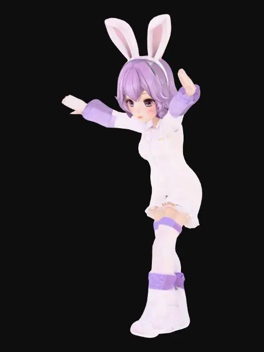 3D model for 可愛らしいアニメスタイルの女性キャラクターモデルをTポーズで。薄紫色の短い巻き髪に白い花とうさ耳が特徴で、両腕は真横にまっすぐ伸ばし、掌は下向き、脚は揃って直立しています。フリル付きの白いバニースーツ、薄紫色の腕用スリーブ、繊細な模様のサイハイソックス、白いブーツを着用。肌は色白で、目は大きく紫色のニュートラルな表情です。