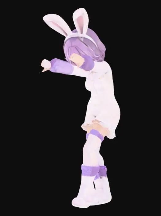 3D model for 可愛らしいアニメスタイルの女性キャラクターモデルをTポーズで。薄紫色の短い巻き髪に白い花とうさ耳が特徴で、両腕は真横にまっすぐ伸ばし、掌は下向き、脚は揃って直立しています。フリル付きの白いバニースーツ、薄紫色の腕用スリーブ、繊細な模様のサイハイソックス、白いブーツを着用。肌は色白で、目は大きく紫色のニュートラルな表情です。