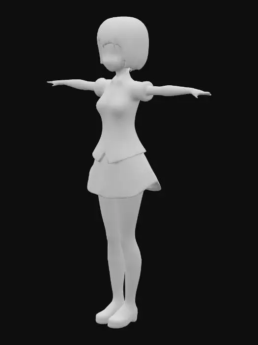 3D model for 茶色のショートヘアと優しい笑顔を持つアニメスタイルの少女の3Dモデル。彼女はTポーズで直立し、手足はまっすぐ横に広げられている。白いパフスリーブブラウスを着ており、襟とカフスには濃いピンクの縁取りがある。金色のボタンが付いた濃いピンクのネクタイと、白い縁取りのある茶色のコルセット風ベストを着用。下半身は濃いピンクのプリーツスカートで、裾に白いラインが2本入っている。白いソックスと光沢のある茶色のローファーを履いている。
