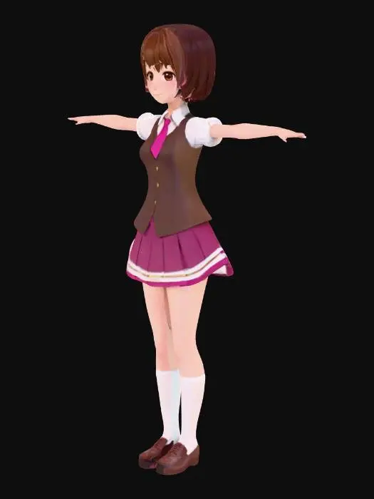 3D model for 茶色のショートヘアと優しい笑顔を持つアニメスタイルの少女の3Dモデル。彼女はTポーズで直立し、手足はまっすぐ横に広げられている。白いパフスリーブブラウスを着ており、襟とカフスには濃いピンクの縁取りがある。金色のボタンが付いた濃いピンクのネクタイと、白い縁取りのある茶色のコルセット風ベストを着用。下半身は濃いピンクのプリーツスカートで、裾に白いラインが2本入っている。白いソックスと光沢のある茶色のローファーを履いている。