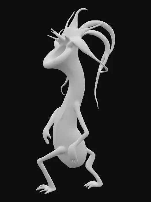 3D model for 直立する食虫植物のようなクリーチャー。体は薄緑色のウツボカズラ型で、赤紫色の縦縞があり、球根状の基部から上部に向かって細くなり、開口部には小さな黄色の蓋が付いている。両脇からは、鮮やかな赤色のハエトリグサのような鋭い緑色の歯を持つ捕虫葉が腕のように伸びている。球根状の基部からは、細く湾曲した複数の緑色の蔓がクモの足のように生え、歩行するような姿勢を保っている。表面にはわずかに水滴が見られ、湿った質感を感じさせる。