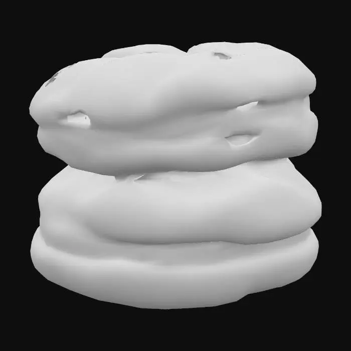 3D model for 黄金色に焼かれた、わずかに不揃いな丸いペイストリーが2つ重なっています。表面はサクサクとした薄い層が幾重にも重なり、不均一ながらも魅力的な質感を見せます。層の間からは焦げ茶色のフィリングが覗き、全体的に温かみのあるブラウン系の色合いです。ずっしりとした重みと、触るとわずかにざらつく質感が感じられます。