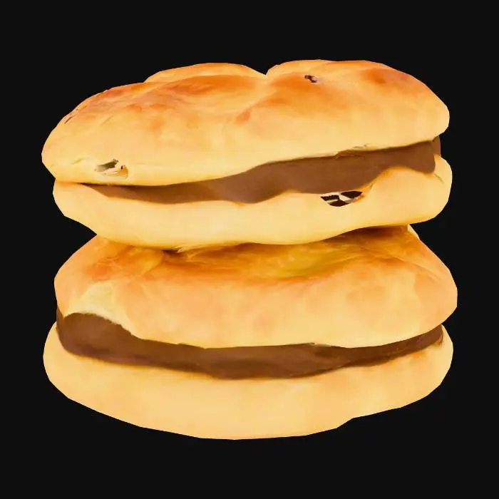 3D model for 黄金色に焼かれた、わずかに不揃いな丸いペイストリーが2つ重なっています。表面はサクサクとした薄い層が幾重にも重なり、不均一ながらも魅力的な質感を見せます。層の間からは焦げ茶色のフィリングが覗き、全体的に温かみのあるブラウン系の色合いです。ずっしりとした重みと、触るとわずかにざらつく質感が感じられます。