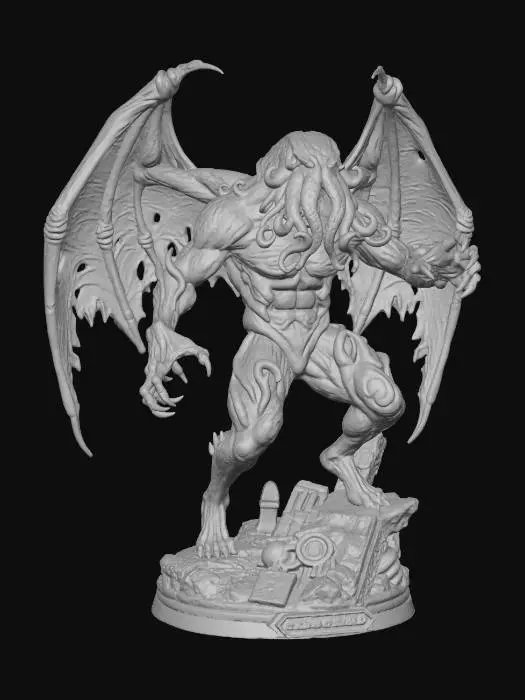 3D model for Un personnage de Cthulhu d'allure humaine, menaçante en position d'attaque dans les teinte de bleues mauves jaune vert à la Lovecraft sur un socle noir de style diorama.
