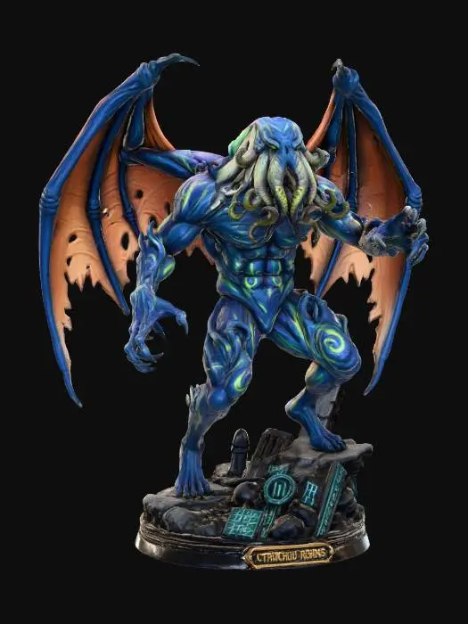 3D model for Un personnage de Cthulhu d'allure humaine, menaçante en position d'attaque dans les teinte de bleues mauves jaune vert à la Lovecraft sur un socle noir de style diorama.