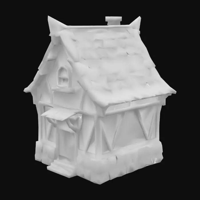 3D model for A clean, stylized single-story medieval house designed for a fantasy game. The house has a sturdy stone foundation, timber-framed walls with white plaster panels, and a steep gabled roof made of red or brown shingles. Include a solid wooden front door with iron hinges, small clean windows with wooden shutters (not broken or damaged), and a simple stone or brick chimney. The design should be tidy and well-maintained, with no broken parts, rubble, or decay. Add light medieval details like wooden support beams or a small porch awning. Render on a white background, front-facing with a slight isometric angle and even lighting. Stylized cartoon or fantasy aesthetic, not realistic.