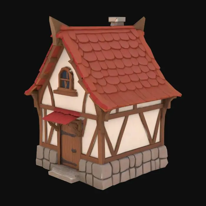 3D model for A clean, stylized single-story medieval house designed for a fantasy game. The house has a sturdy stone foundation, timber-framed walls with white plaster panels, and a steep gabled roof made of red or brown shingles. Include a solid wooden front door with iron hinges, small clean windows with wooden shutters (not broken or damaged), and a simple stone or brick chimney. The design should be tidy and well-maintained, with no broken parts, rubble, or decay. Add light medieval details like wooden support beams or a small porch awning. Render on a white background, front-facing with a slight isometric angle and even lighting. Stylized cartoon or fantasy aesthetic, not realistic.