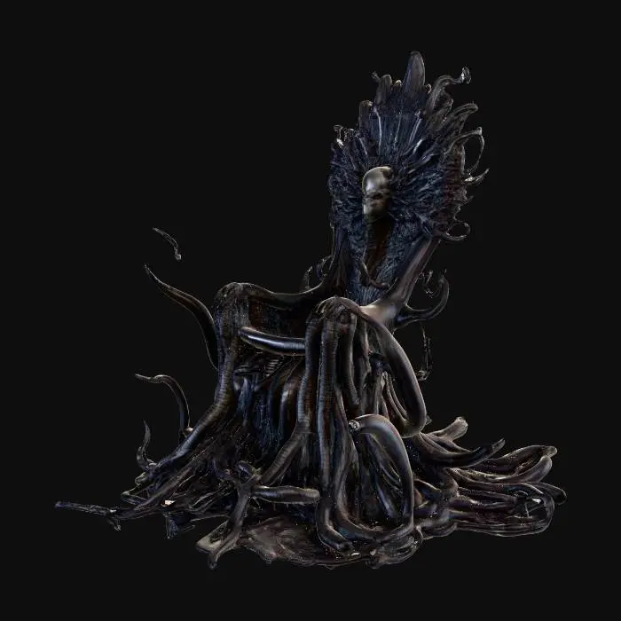 3D model for trone dark alien style gigers ,Sheathed electrical conduits emerge from the throne on the floor, on the sides of the throne. black rubber color
