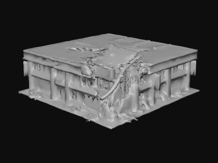 3D model for Cyberpunk simple building half-destroyed with neon colors. width and big but no tall