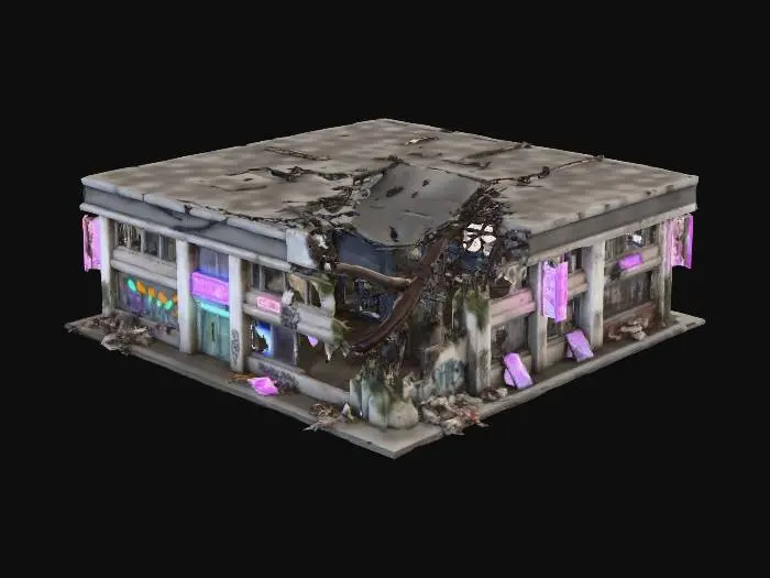 3D model for Cyberpunk simple building half-destroyed with neon colors. width and big but no tall