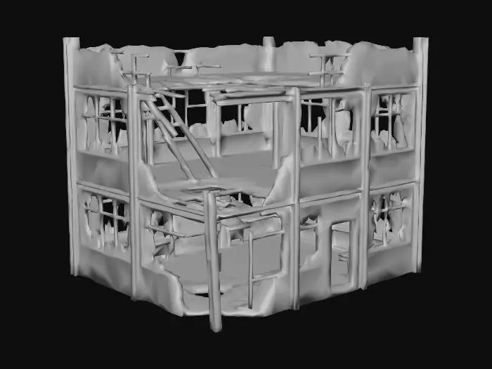 3D model for Cyberpunk simple building half-destroyed with neon colors