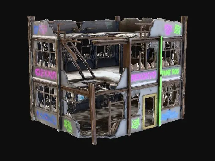 3D model for Cyberpunk simple building half-destroyed with neon colors