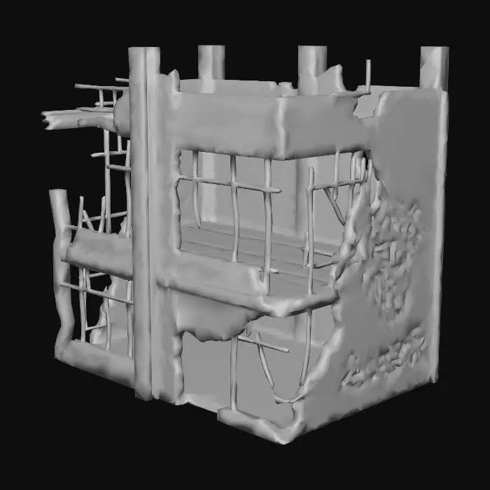 3D model for Cyberpunk simple building half-destroyed with neon colors