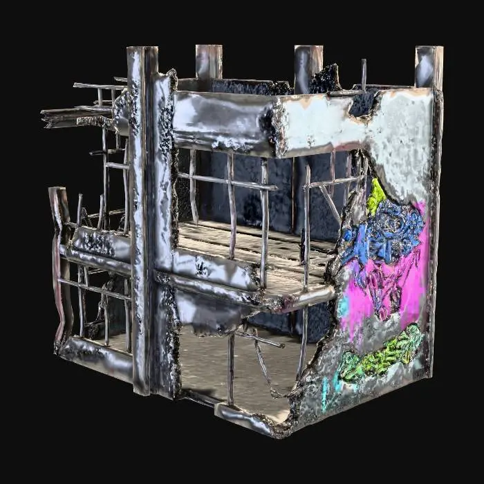 3D model for Cyberpunk simple building half-destroyed with neon colors