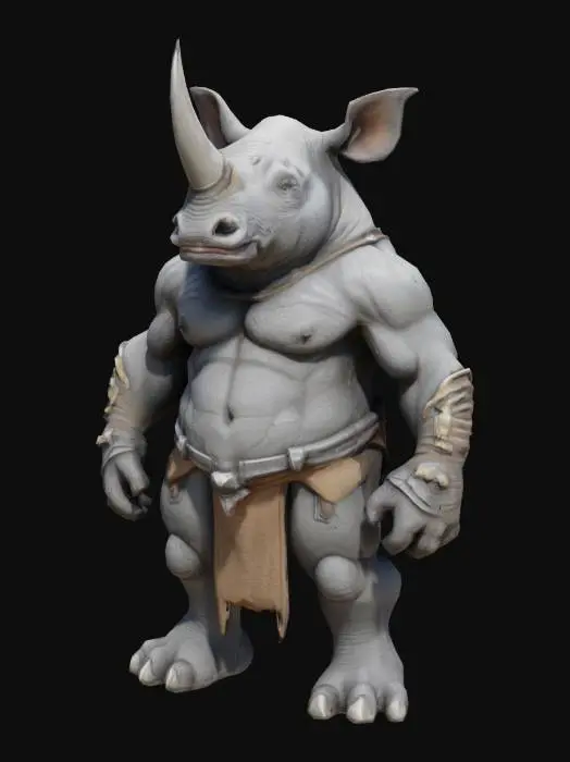 3D model for An overfriendly lean and agile game-ready 3D semi-realistic stylized high-fantasy art humanoid Rhinoceros mmorpg character with rough cracked and gray skin. Wearing a light combat starter armor wraps. Long Horn angled back, sharp focused eyes and an strong and confident appearance