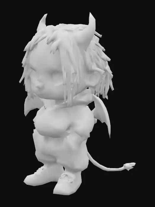 3D model for A 3D chibi-style character with a round, exaggerated body (similar to Wii/Mii characters), dark brown skin, and short rounded facial features. Wearing oversized black streetwear (baggy hoodie and pants) and styled thick dreadlocks. Devil horns (short and curved) and leathery bat wings (small, attached to the back). Stylized as a cute demon with a mischievous expression. Low-poly or toon-shaded art style, clean topology for animation.