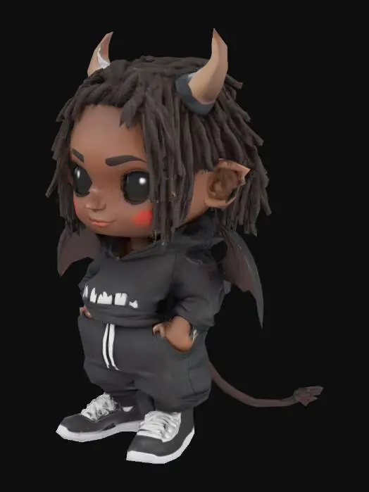 3D model for A 3D chibi-style character with a round, exaggerated body (similar to Wii/Mii characters), dark brown skin, and short rounded facial features. Wearing oversized black streetwear (baggy hoodie and pants) and styled thick dreadlocks. Devil horns (short and curved) and leathery bat wings (small, attached to the back). Stylized as a cute demon with a mischievous expression. Low-poly or toon-shaded art style, clean topology for animation.