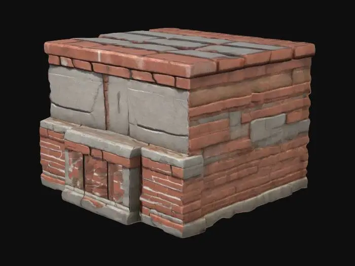 3D model for A low-poly harbor wall made of bricks and concrete. The structure has a sturdy, weathered look, with rough concrete sections reinforcing the aged brickwork. Some bricks are slightly misaligned, adding realism, while cracks and chipped edges give it a worn, industrial feel. The color palette consists of muted reds, grays, and browns, blending seamlessly for a rugged, maritime atmosphere.