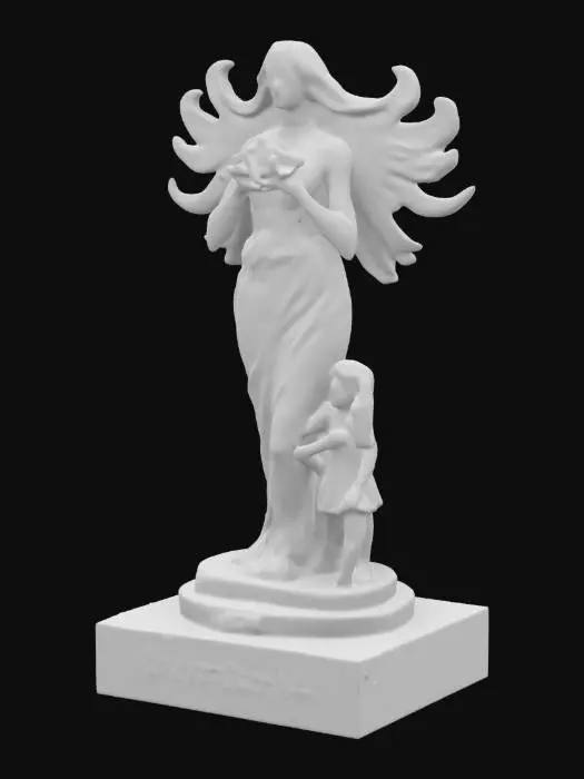 3D model for A powerful 3D sculpture for International Women’s Day: A strong, elegant woman stands tall, her flowing hair forming symbols of unity and progress. One hand lifts a radiant orb of hope, the other supports a young girl, symbolizing future generations. The base is engraved with words like “Strength” and “Equality,” glowing with warm golden light.