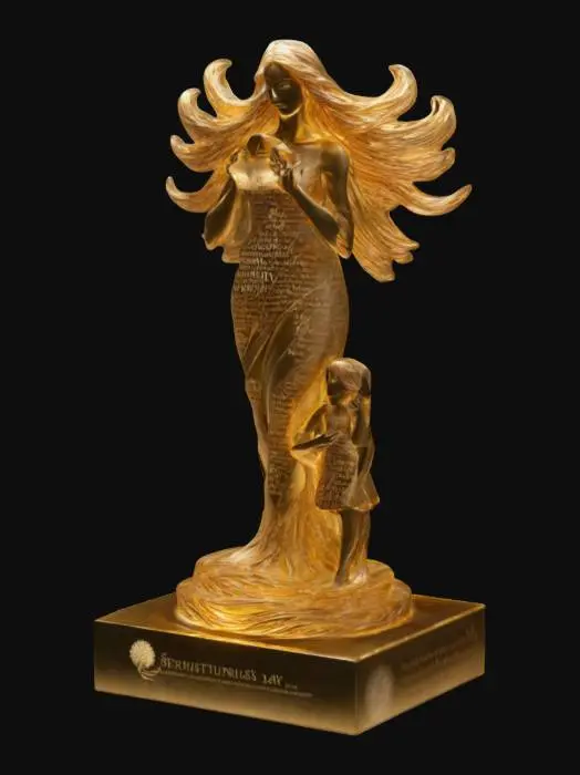 3D model for A powerful 3D sculpture for International Women’s Day: A strong, elegant woman stands tall, her flowing hair forming symbols of unity and progress. One hand lifts a radiant orb of hope, the other supports a young girl, symbolizing future generations. The base is engraved with words like “Strength” and “Equality,” glowing with warm golden light.